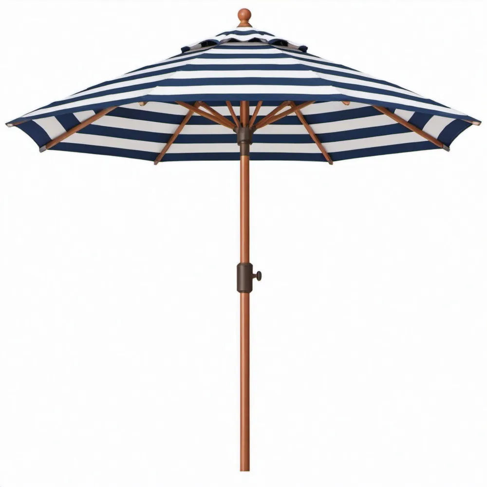 Ronde houten stokparasol Ø 270 cm, blauw-wit gestreept