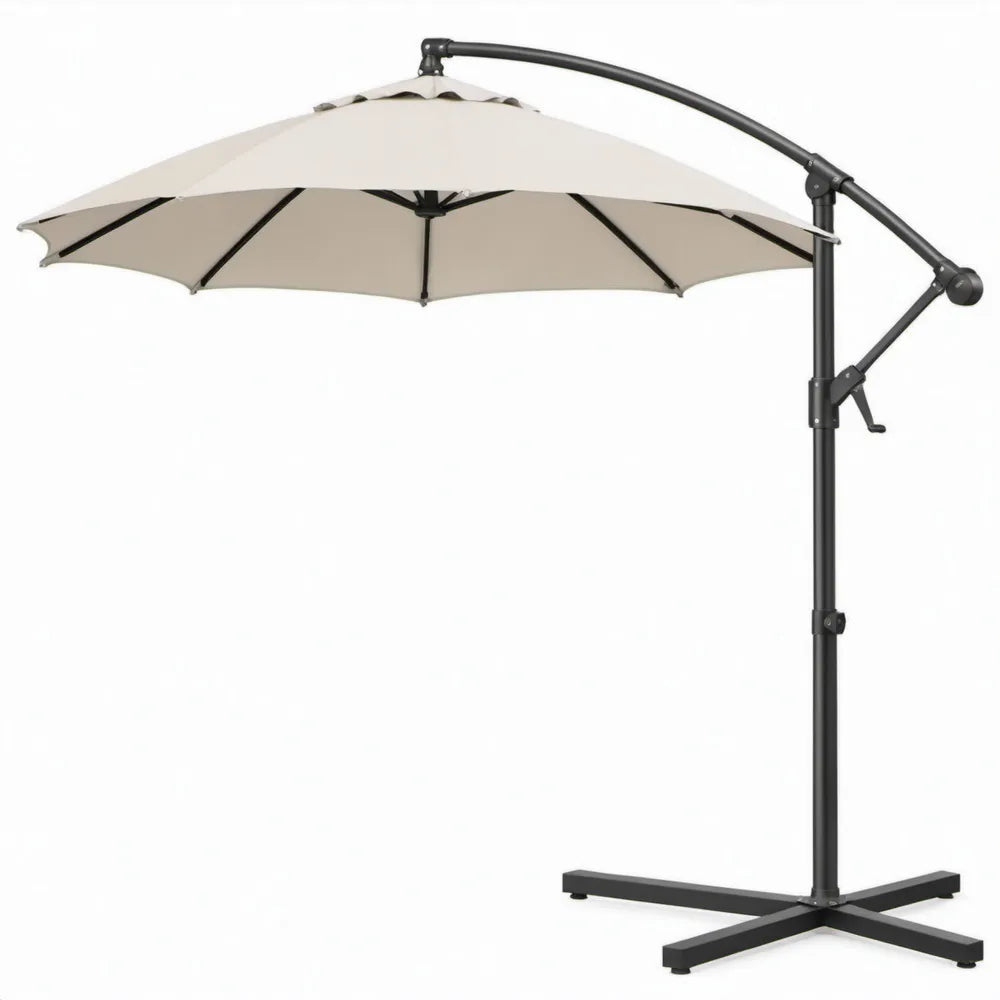 Ronde zweefparasol 300 cm met kruisvoet, beige polyester en zwart stalen frame, 245 cm hoog