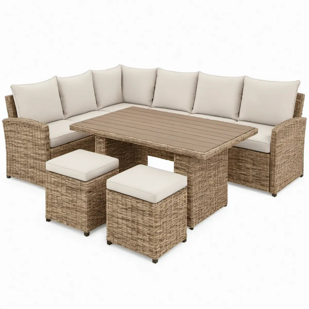 L-vormige hoekbank met eettafel en 2 poefs, 230 x 180 cm, naturelbruin, beige en bruin PE-rotan