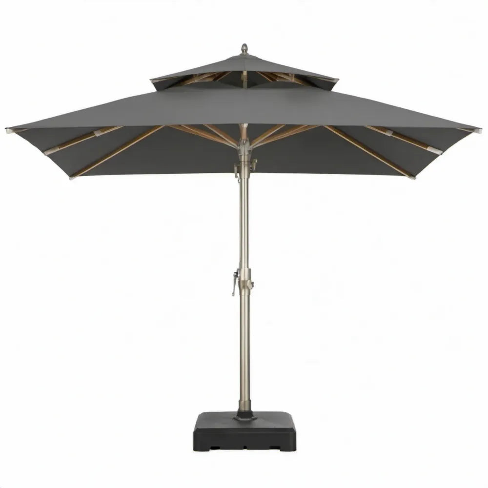 Vierkante tuinparasol 300 x 300 cm, hoogte 260 cm, antracietgrijs met dubbele kap, bamboe ribben en voet