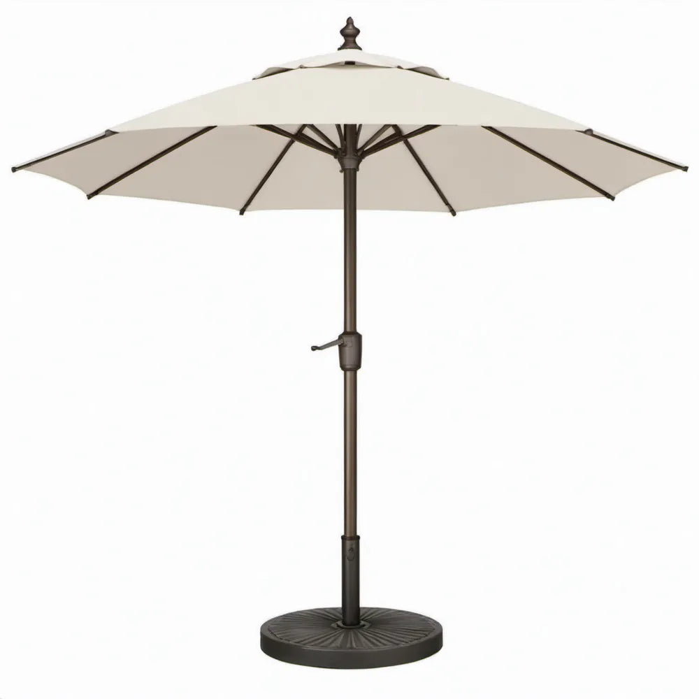 Ronde tuinparasol 300 cm crème met donkerbruin stalen frame en voet, 250 cm hoog