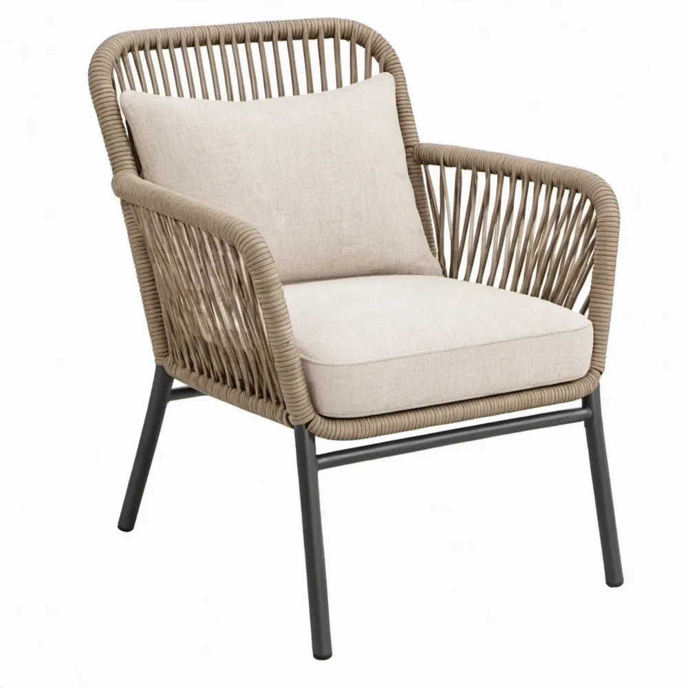 Terrasstoel met armleuningen, beige PE-touw en zwart stalen frame, 70 x 75 x 82 cm