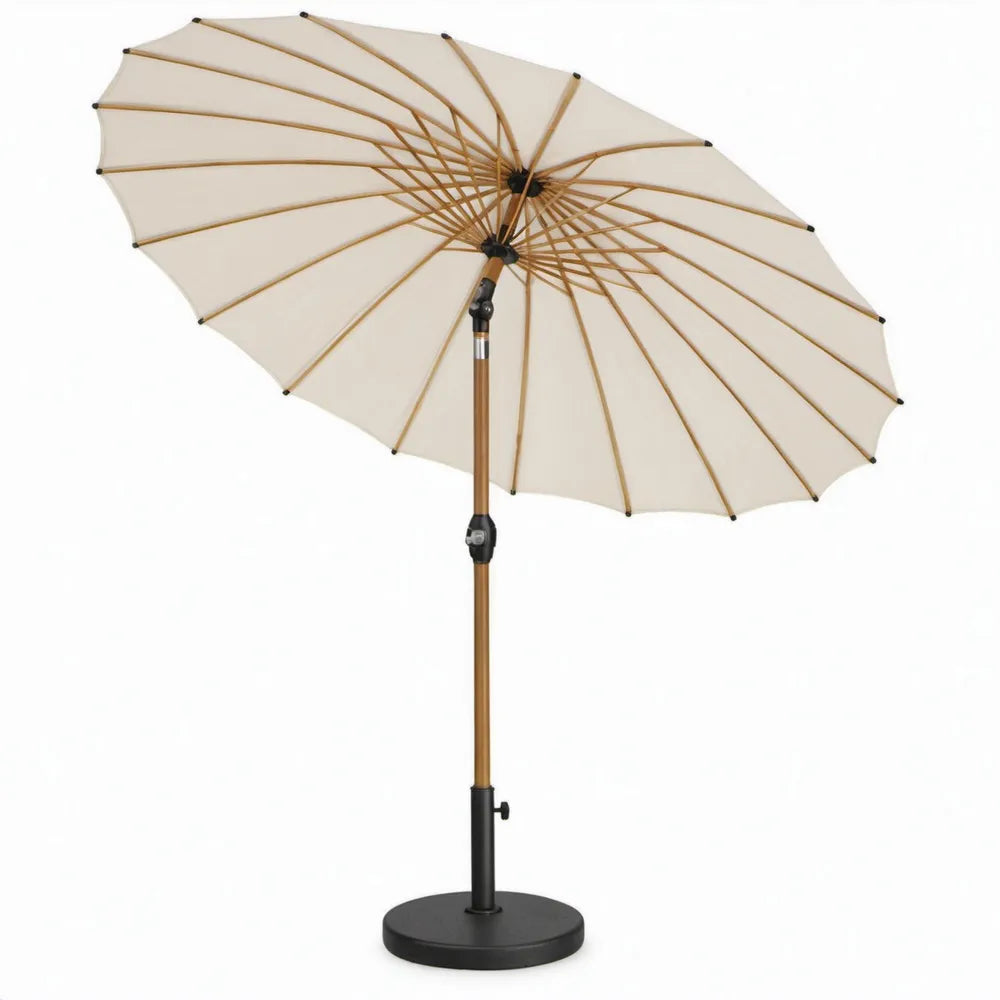 Ronde kantelbare tuinparasol Ø 250 cm crème met bamboe frame, zwarte voet en hoogte 230 cm