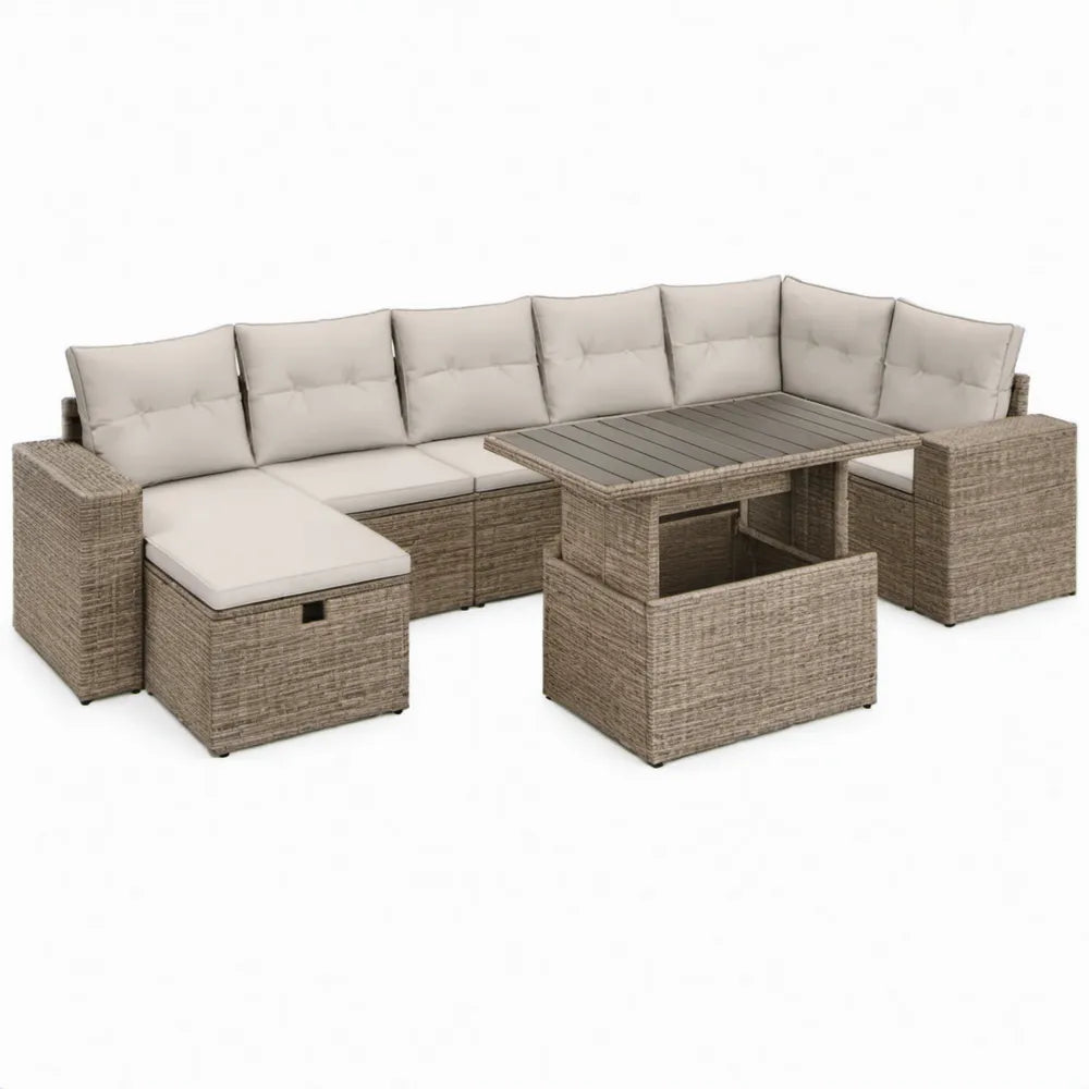 8-delige hoekloungeset van beige en grijsbruin PE-rattan met tafel en 2 voetenbanken, 250 x 190 cm