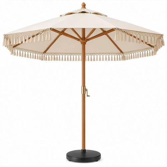 Achthoekige houten tuinparasol Ø300 x H250 cm met crèmekleurig polyester doek, franjes en zwarte voet
