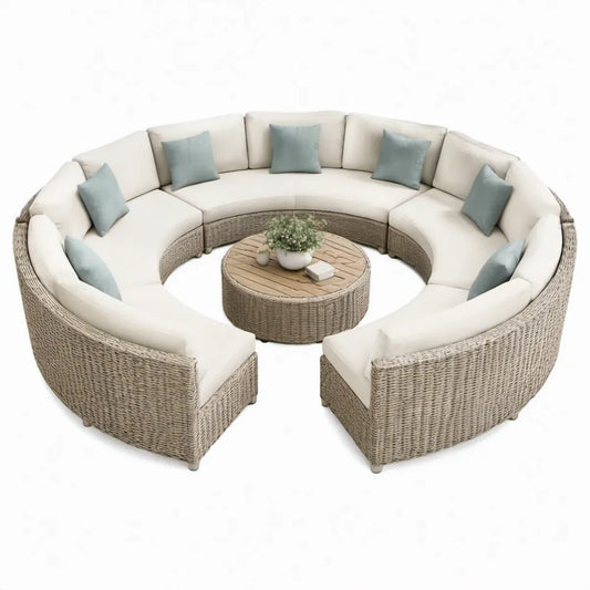 Ronde 6-persoons tuinloungeset met salontafel, 300 x 300 x 76 cm, beige/grijs/lichtblauw