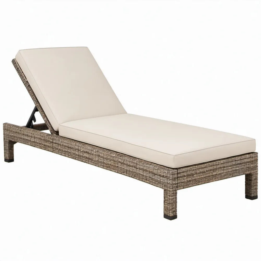 Verstelbaar PE-rattan ligbed met crèmekleurig polyester kussen, 200 x 65 x 33 cm