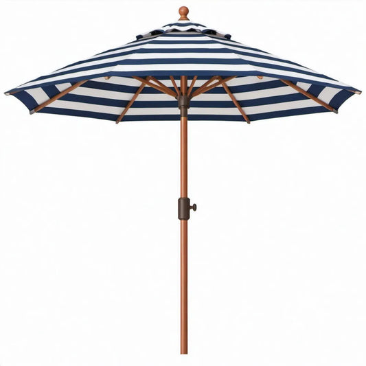 Ronde houten stokparasol Ø 270 cm, blauw-wit gestreept