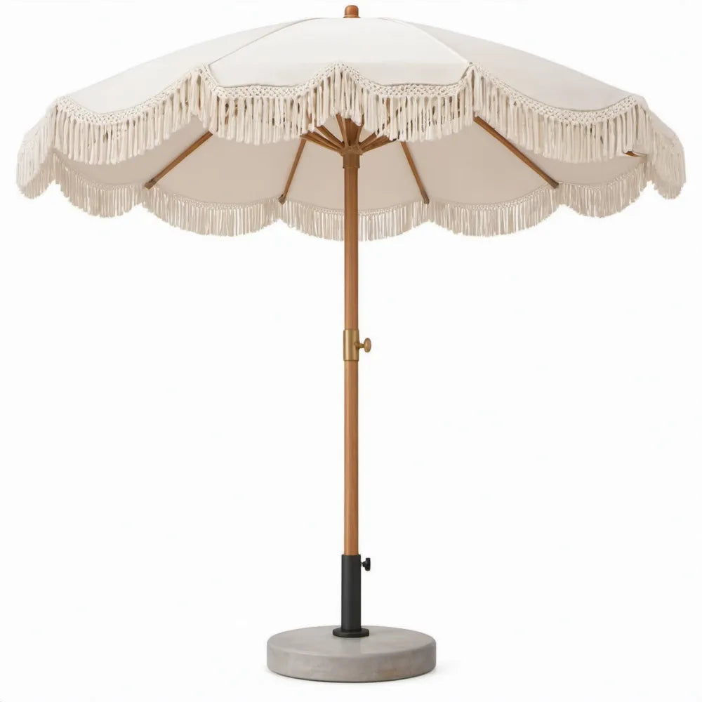 Ronde tuinparasol 270 cm crème met franjes, houten mast en betonnen voet