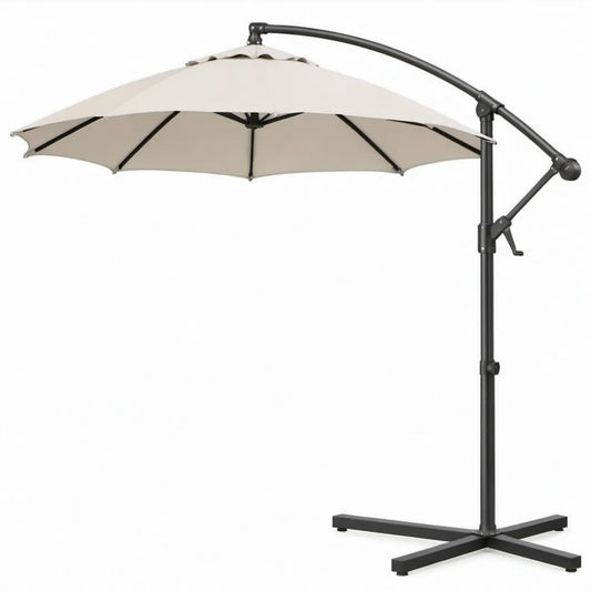 Ronde zweefparasol 300 cm met kruisvoet, beige polyester en zwart stalen frame, 245 cm hoog
