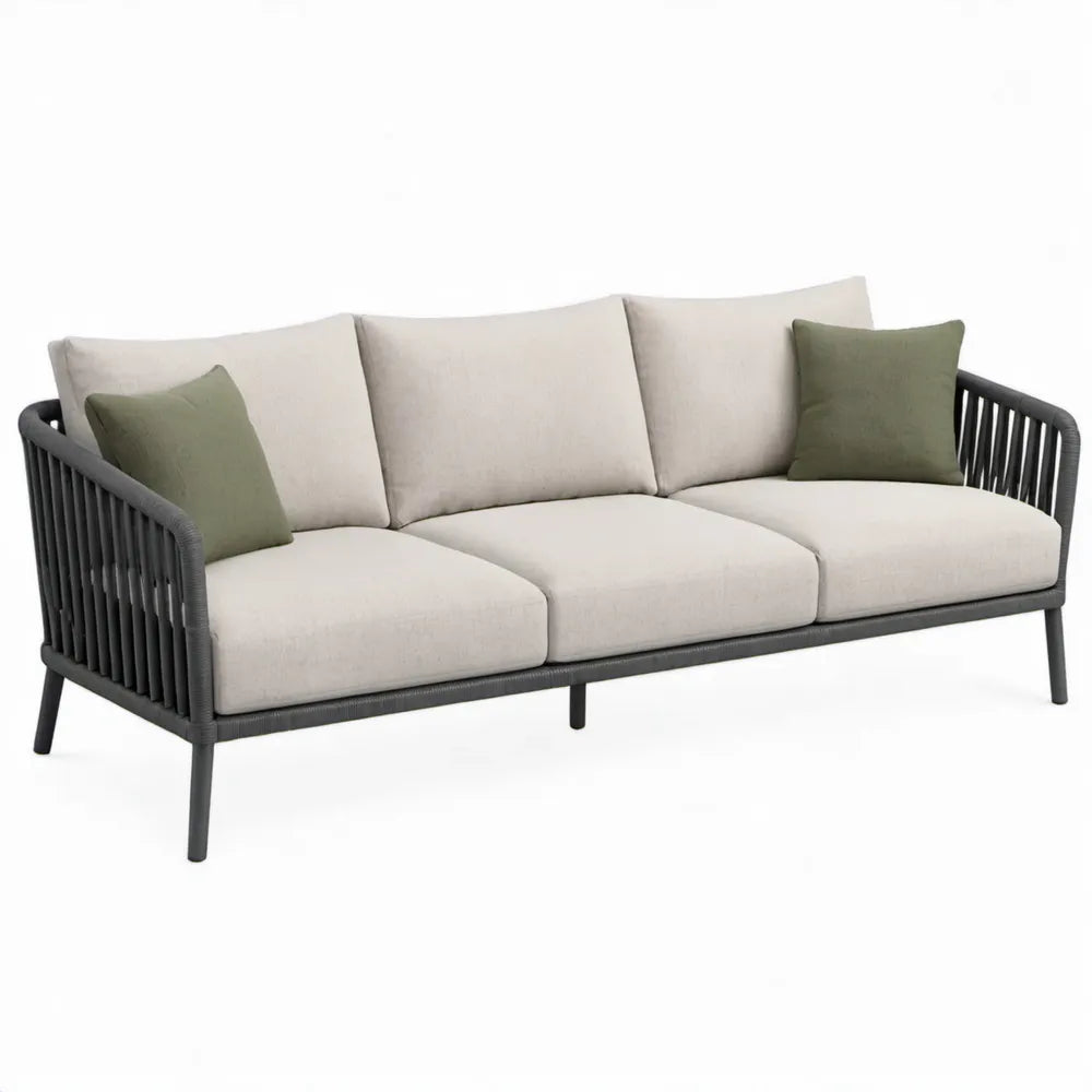 3-zits tuinbank met aluminium frame en polyester kussens, Antraciet/Crème/Olijfgroen, 220 x 85 x 75 cm