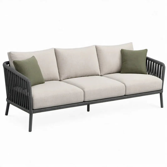 3-zits tuinbank met aluminium frame en polyester kussens, Antraciet/Crème/Olijfgroen, 220 x 85 x 75 cm