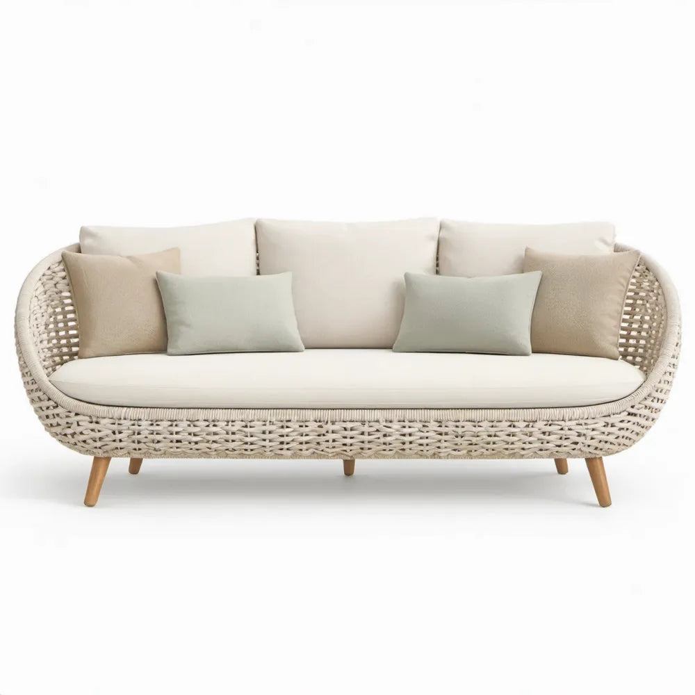 Driezits tuinbank 220 x 90 x 85 cm van beige PE-rattan met acaciahouten poten