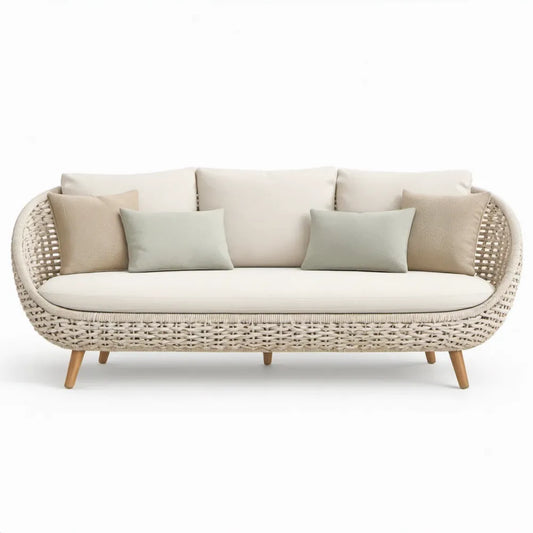 Driezits tuinbank 220 x 90 x 85 cm van beige PE-rattan met acaciahouten poten