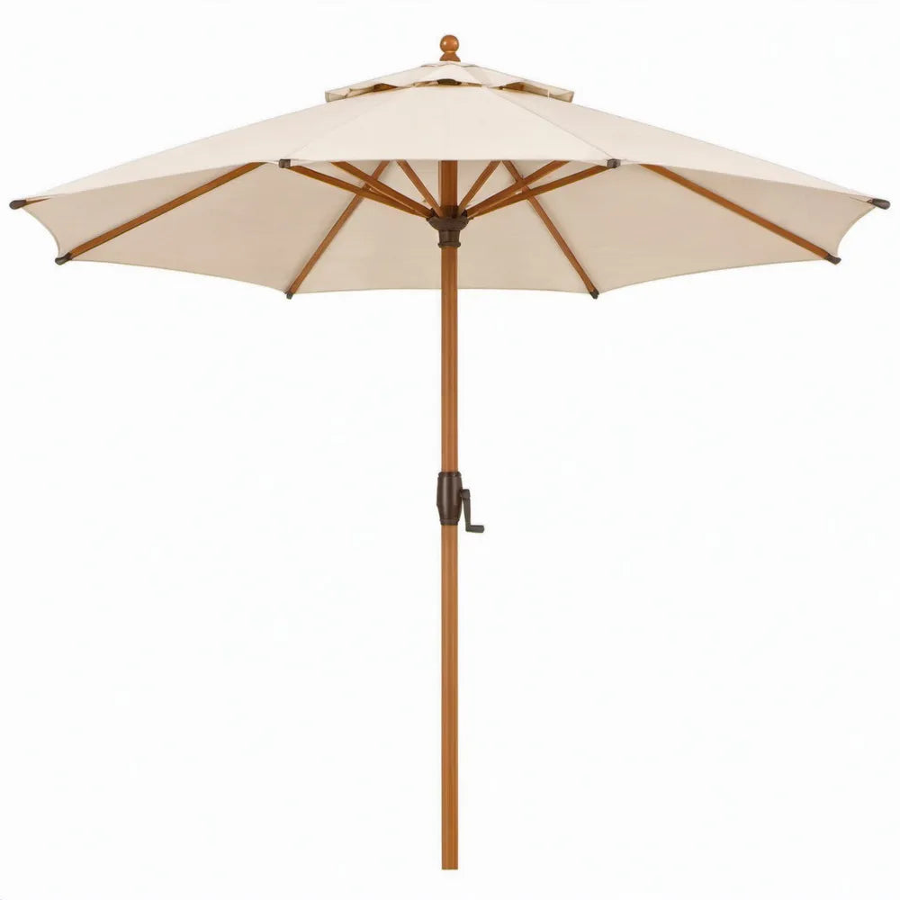 Houten tuinparasol rond Ø 300 cm, hoogte 250 cm, crèmekleurig met zwengel