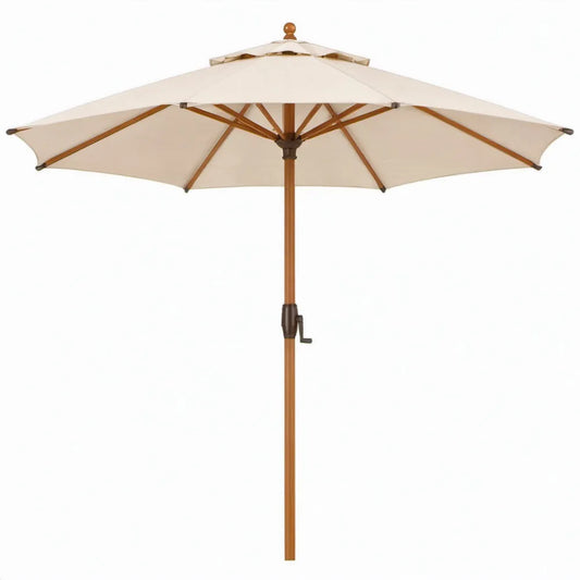 Houten tuinparasol rond Ø 300 cm, hoogte 250 cm, crèmekleurig met zwengel