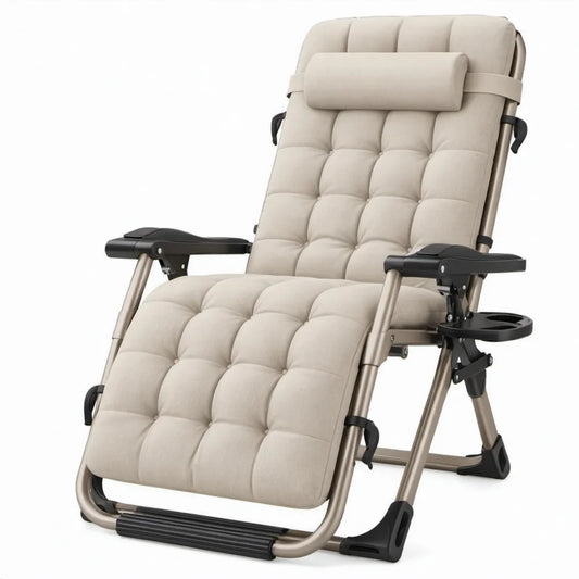 Inklapbare verstelbare relaxstoel met hoofdsteun en bekerhouder – Beige/Champagne/Zwart, 165 x 65 x 85 cm