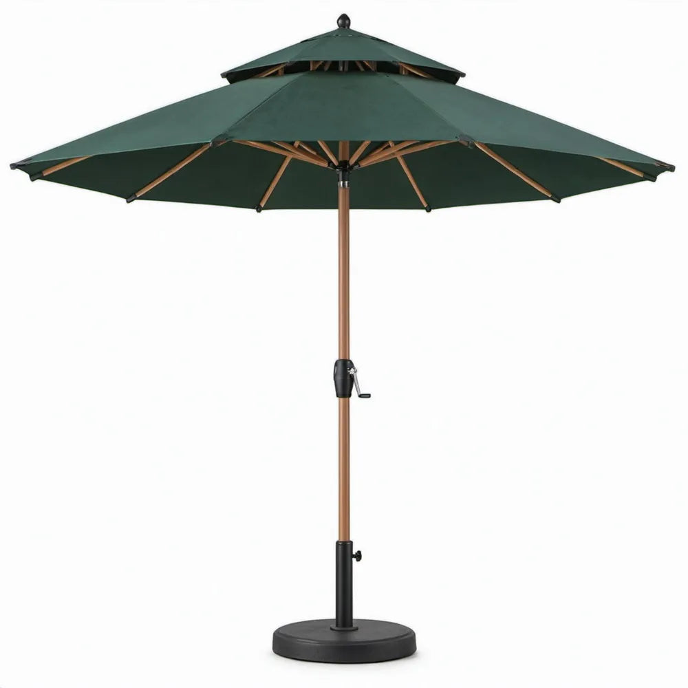Donkergroene ronde tuinparasol met dubbele kap en standaard Ø 300 cm, hoogte 260 cm