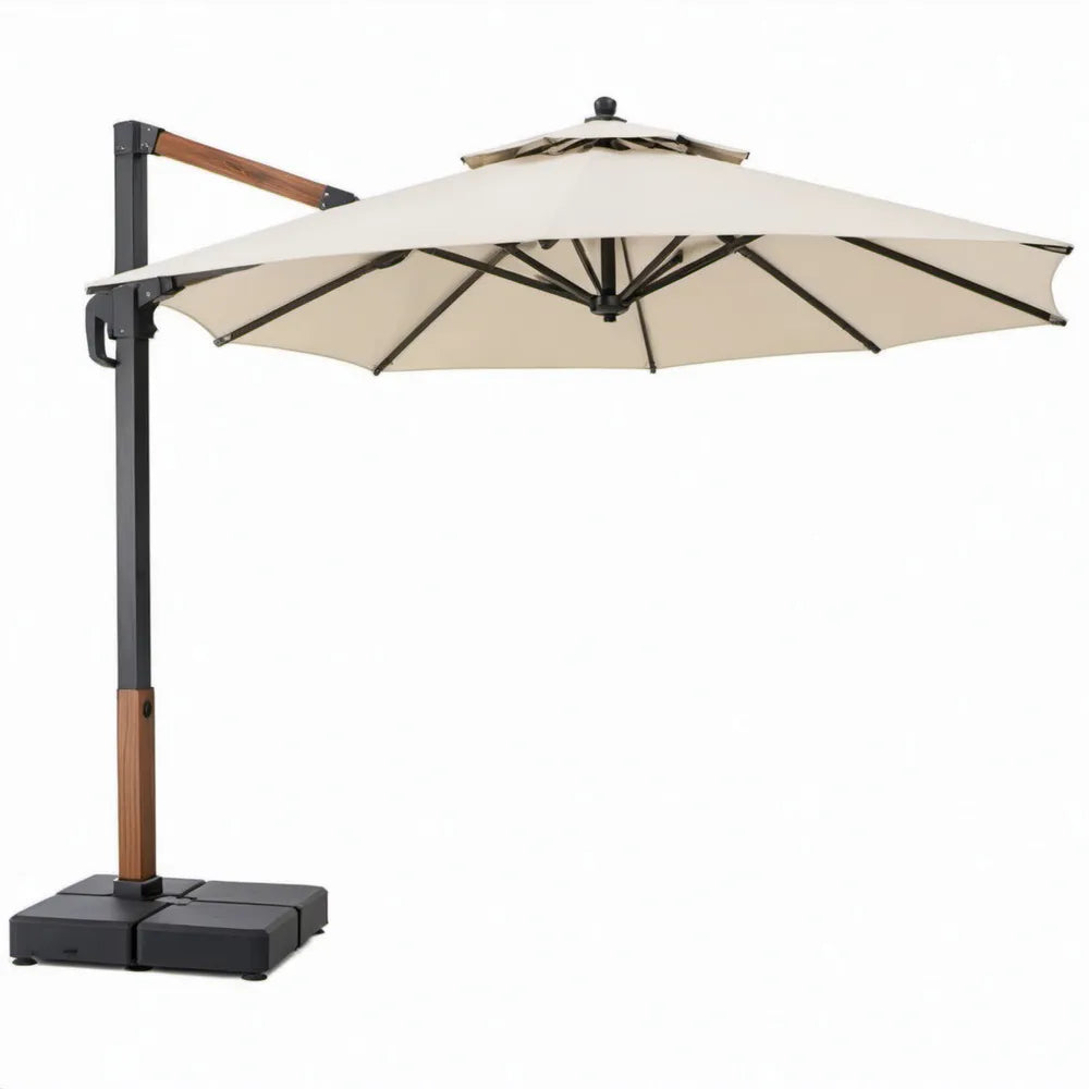 Zweefparasol 400 x 300 cm rechthoekig met crèmekleurig polyester doek, zwart aluminium frame en vulbare voet