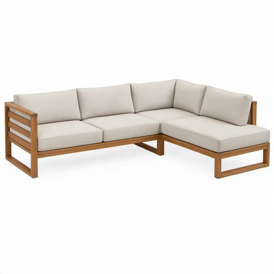 L-vormige hoekopstelling van acaciahout met beige kussens, 210 x 150 x 65 cm