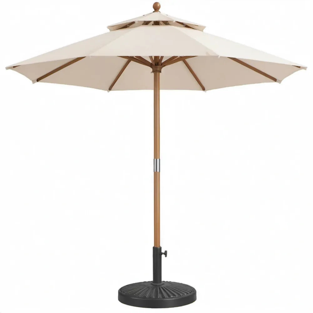 Achthoekige tuinparasol 300 cm met ronde voet, ecru polyester en hardhout