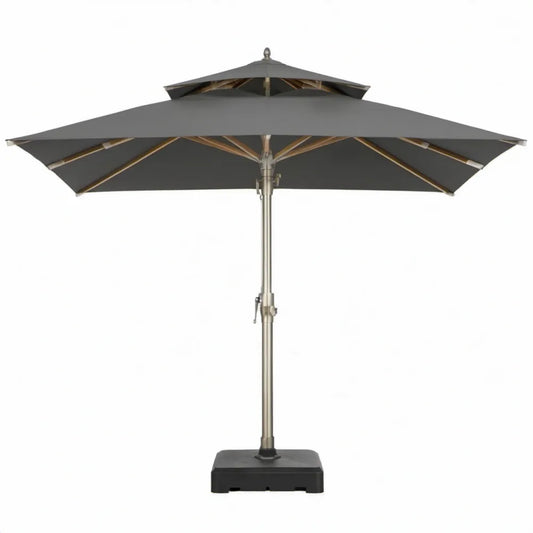 Vierkante tuinparasol 300 x 300 cm, hoogte 260 cm, antracietgrijs met dubbele kap, bamboe ribben en voet