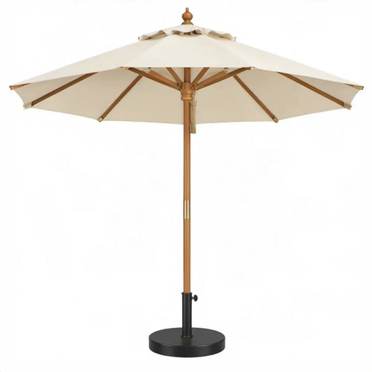 Ronde tuinparasol met voet Ø 300 cm van polyester en massief hardhout - Crème/Naturelbruin/Zwart