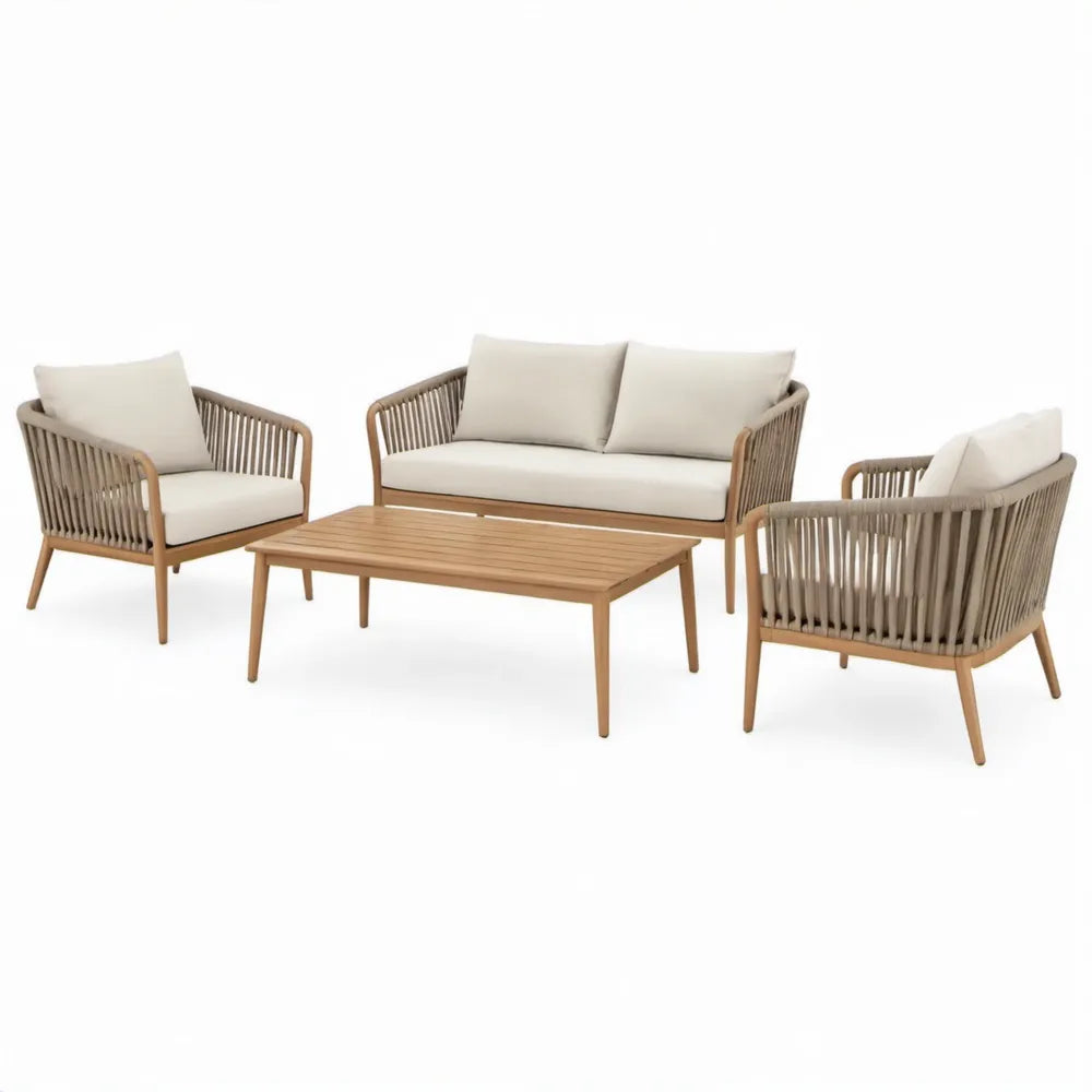 4-delige tuinloungeset van acaciahout met beige kussens, 2 fauteuils, 2-zitsbank en salontafel