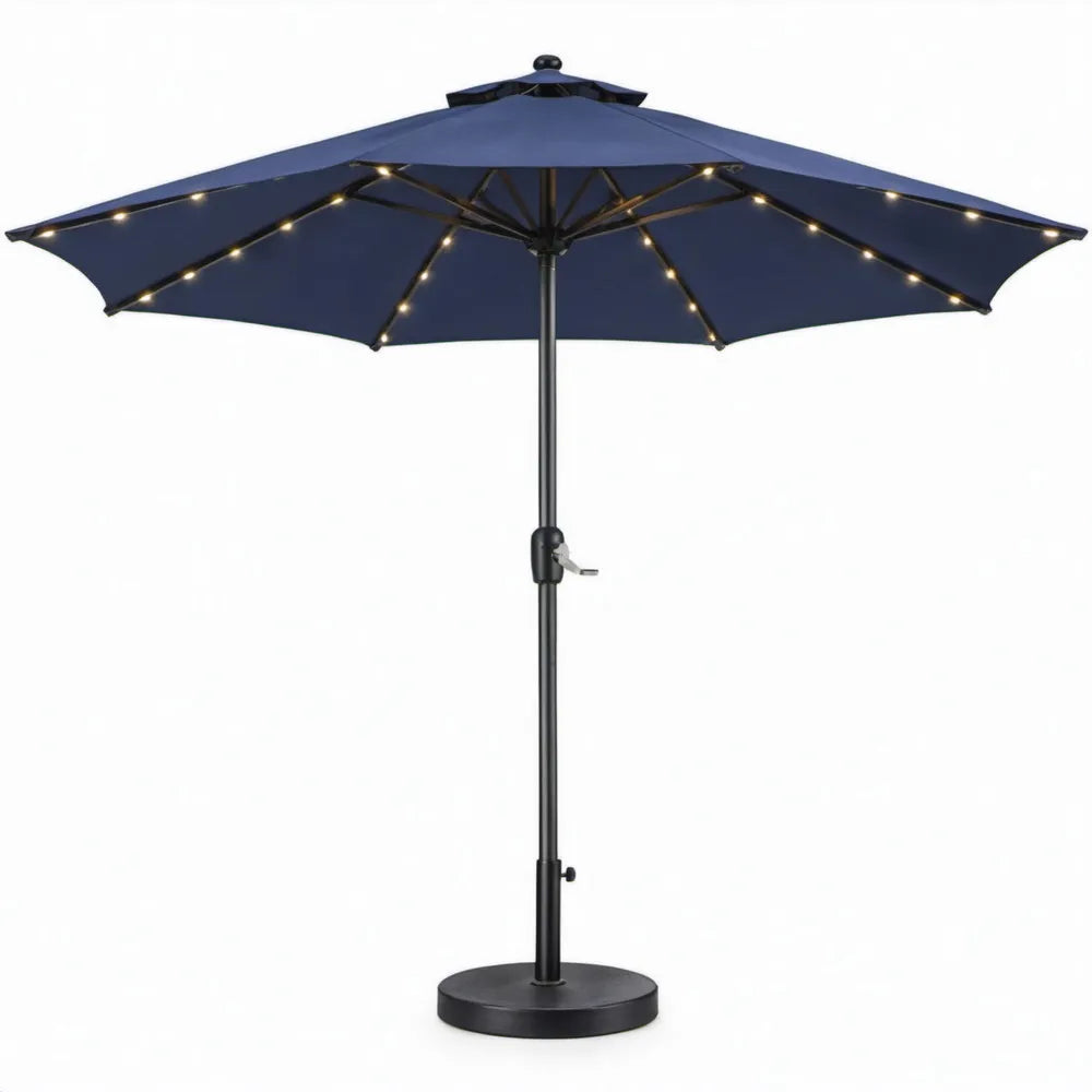Donkerblauwe LED-parasol Ø 300 cm met achthoekig scherm en stalen voet