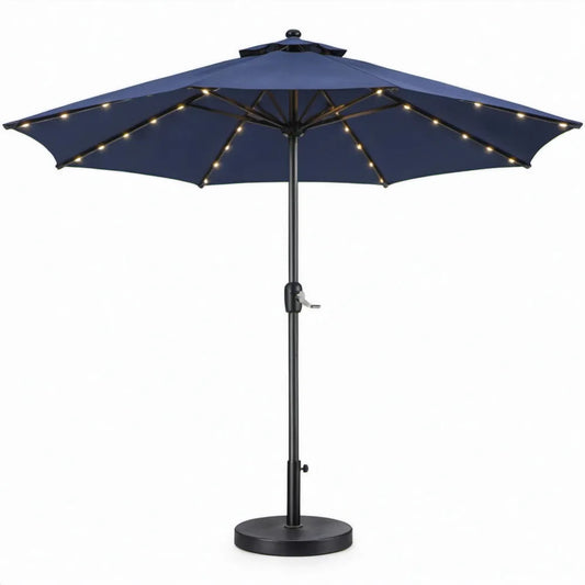 Donkerblauwe LED-parasol Ø 300 cm met achthoekig scherm en stalen voet