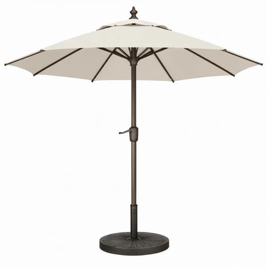 Ronde tuinparasol 300 cm crème met donkerbruin stalen frame en voet, 250 cm hoog