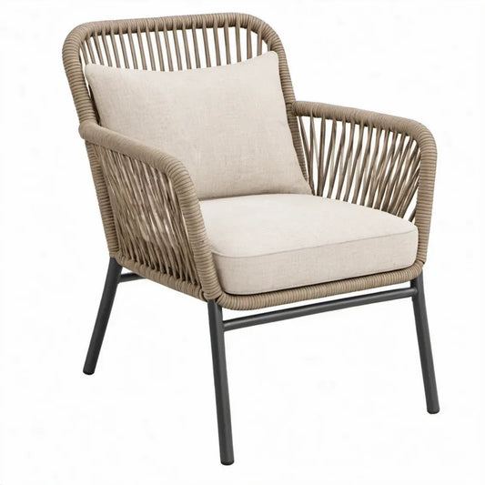 Terrasstoel met armleuningen, beige PE-touw en zwart stalen frame, 70 x 75 x 82 cm