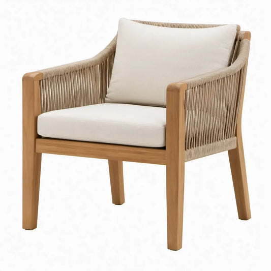 Fauteuil van acaciahout en PP-touw met crèmekleurige kussens, 68 x 75 x 78 cm