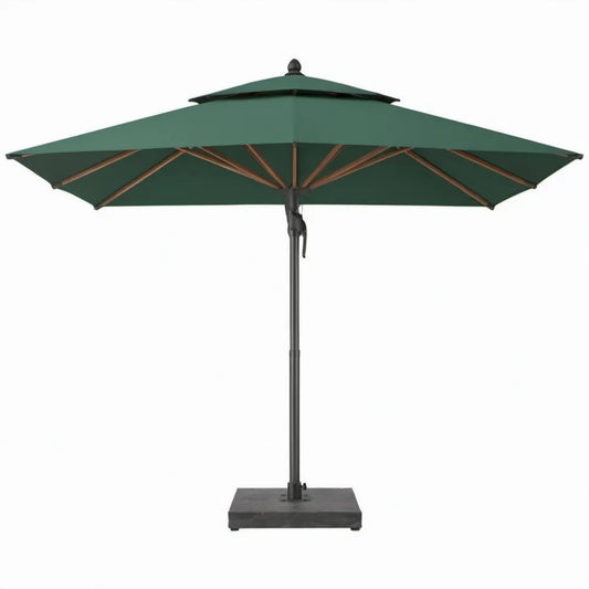 Vierkante tuinparasol 300 x 300 cm donkergroen met houten baleinen en granieten voet