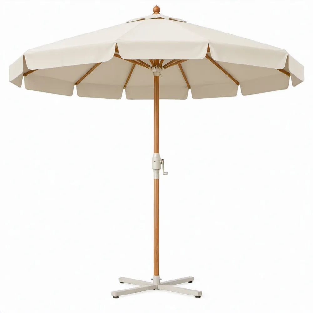 Crèmekleurige achtkantige houten tuinparasol met zwengel, Ø 300 cm
