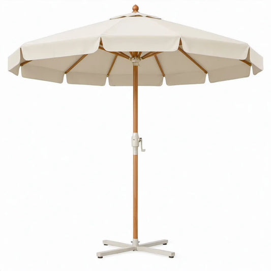 Crèmekleurige achtkantige houten tuinparasol met zwengel, Ø 300 cm