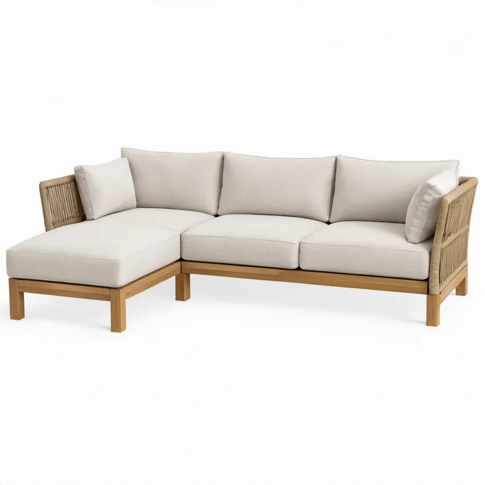 Beige hoekloungesofa met chaise longue links, acaciahout en polyester, 240 x 150 x 70 cm