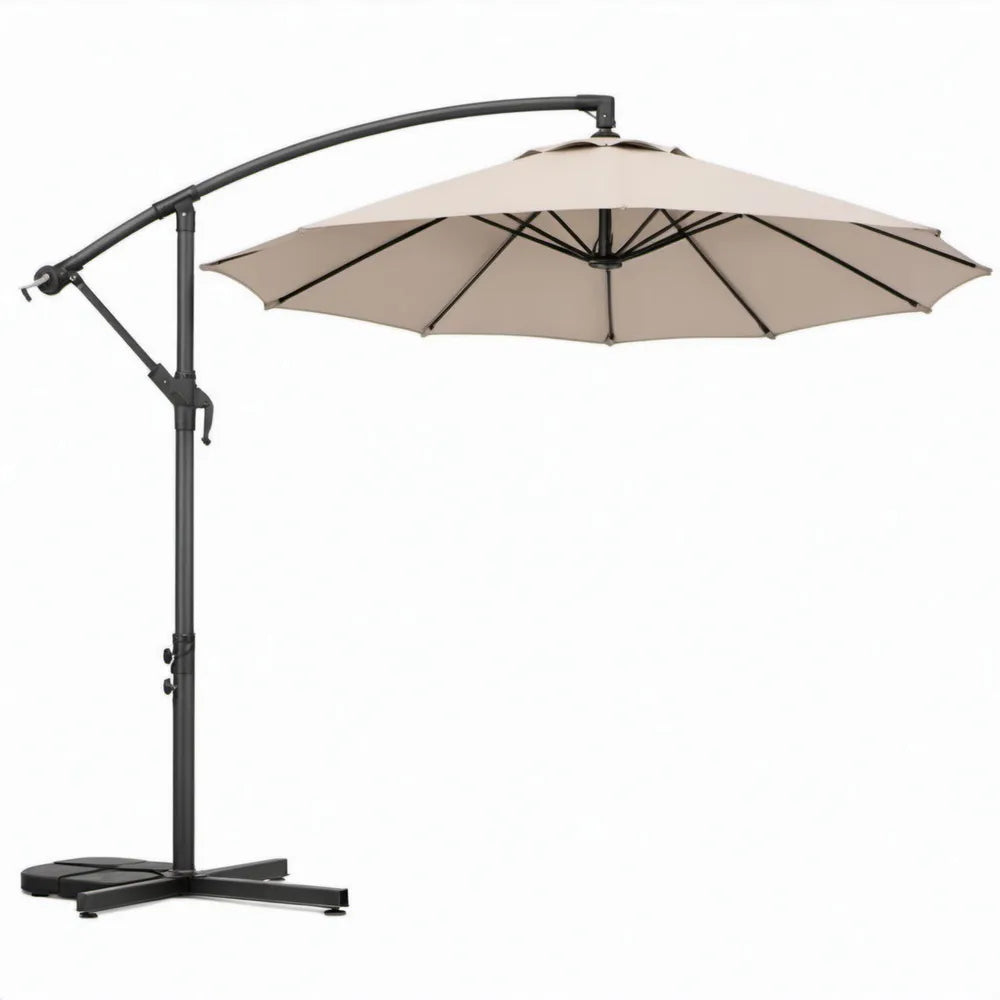 Zweefparasol rond 300 cm beige met zwart stalen frame, hoogte 245 cm
