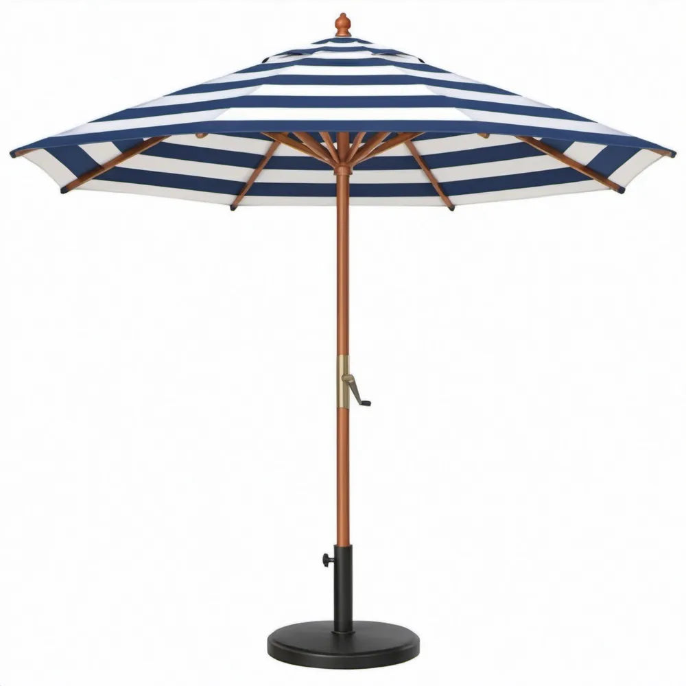Ronde houten parasol Ø 270 cm, hoogte 250 cm, blauw-wit gestreept met voet