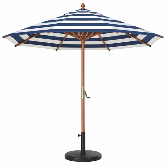 Ronde houten parasol Ø 270 cm, hoogte 250 cm, blauw-wit gestreept met voet