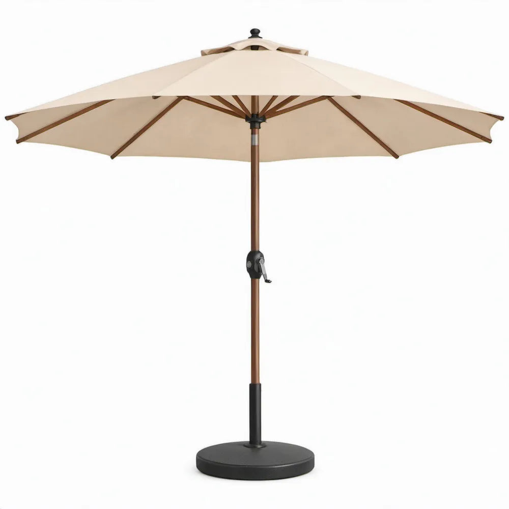 Beige achthoekige tuinparasol met voet Ø 300 cm, massief hout