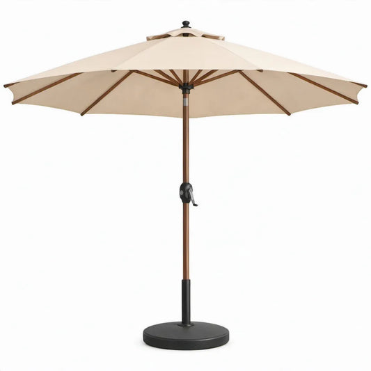 Beige achthoekige tuinparasol met voet Ø 300 cm, massief hout
